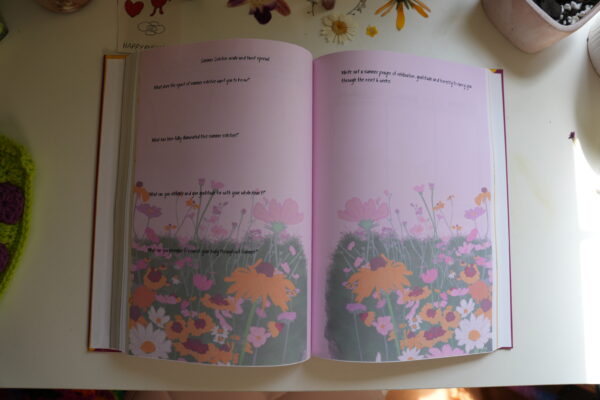 Tarot journal layout with guided prompts for card pulls, interpretations, and intuitive reflection.