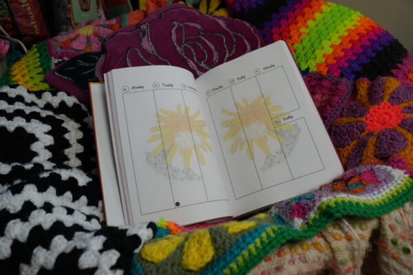 Weekly layout of the Moon Planner with space for daily planning and a dandelion in the background
