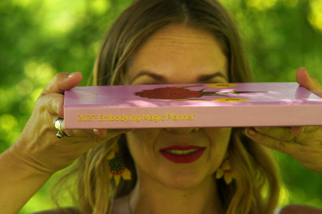 027 Embodying Magic Planner and Ritual Journal designed for intentional living, with sections for lunar rituals, seasonal practices, menstrual cycle tracking, reflection prompts, goal setting, and ritual journaling.