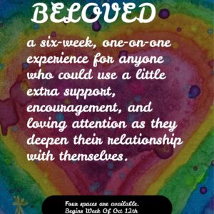A six-week, one-on-one journey into self-love and deeper self-connection, including weekly 45-minute calls, tarot or oracle card pulls, personalized journaling prompts, and gentle accountability.
