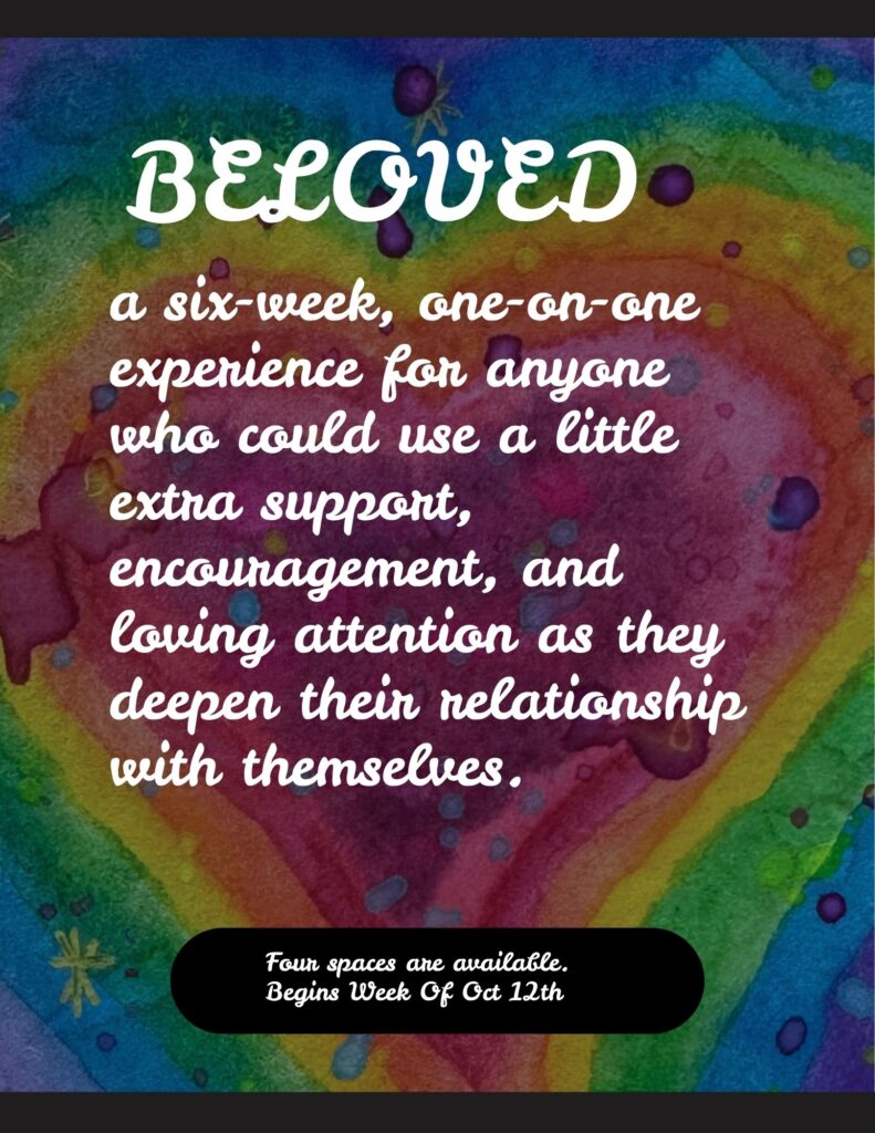 A six-week, one-on-one journey into self-love and deeper self-connection, including weekly 45-minute calls, tarot or oracle card pulls, personalized journaling prompts, and gentle accountability.