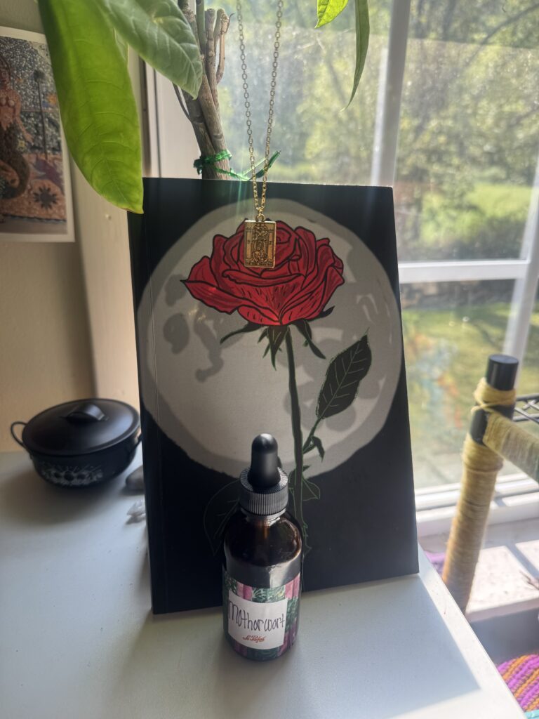 Autumn Love Mail seasonal care package with tarot necklace, notebook, and motherwort herbal offering