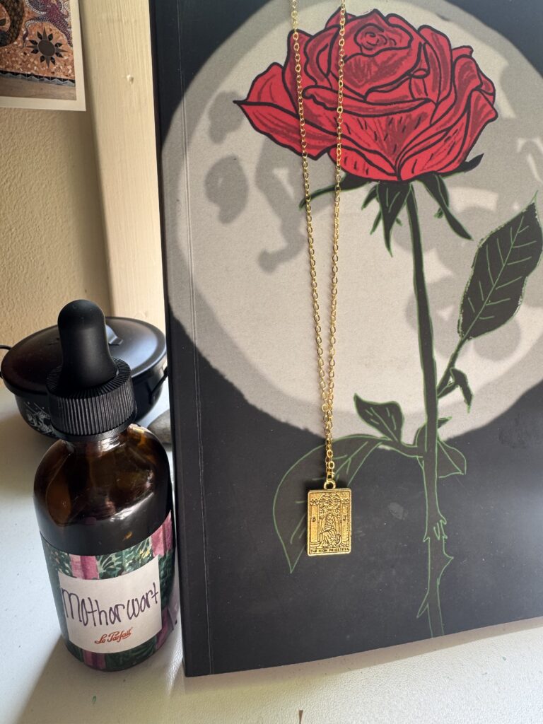 Autumn Love Mail seasonal care package with tarot necklace, notebook, and motherwort herbal offering